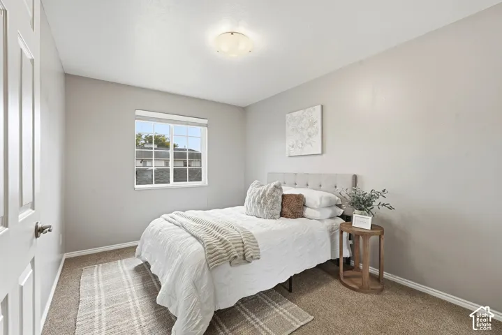 Neutral wall color, window with white frame, paneled door with brushed nickel hardware and carpet flooring
