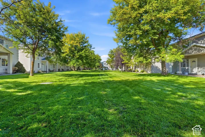 Expansive green space featuring mature trees and a manicured lawn