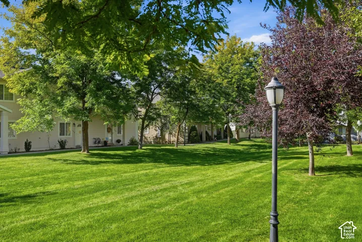 Expansive green space featuring a decorative lamp post, mature trees, and stucco exterior buildings