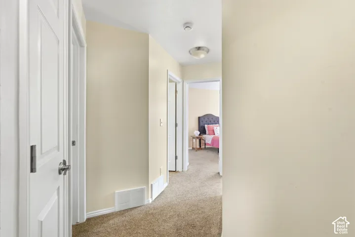 Carpeted hallway with light-colored walls and white trim