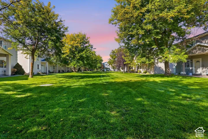 Expansive green space featuring mature trees and residential structures