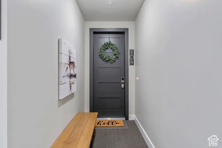 Entryway featuring a paneled door with contemporary hardware and light gray walls