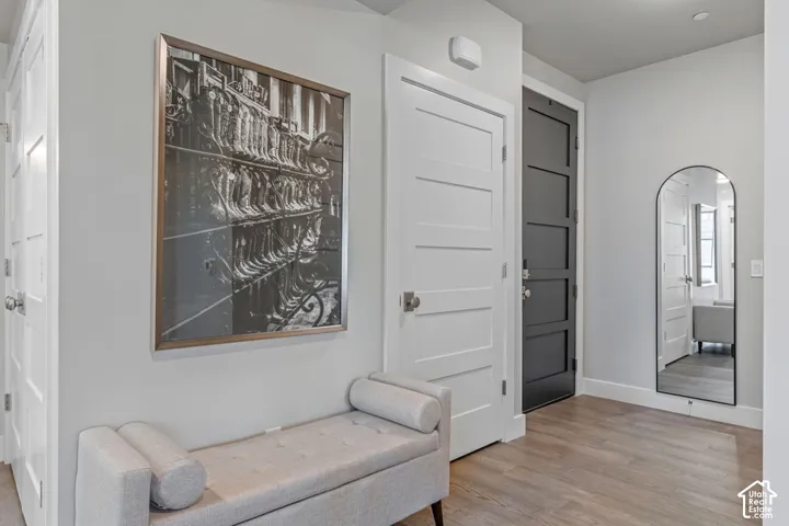 Wood-finish flooring with light gray walls, white panel doors, and a contrasting black panel door
