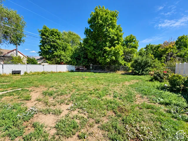 Expansive yard space with chain link and privacy fencing, mature trees, and landscaping opportunities