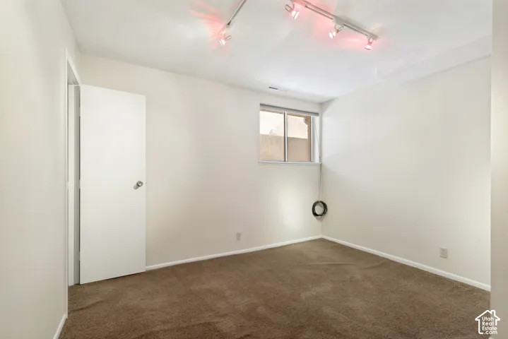 Bright, versatile bedroom featuring carpeted flooring, a large window with natural light, track lighting, and a white entry door