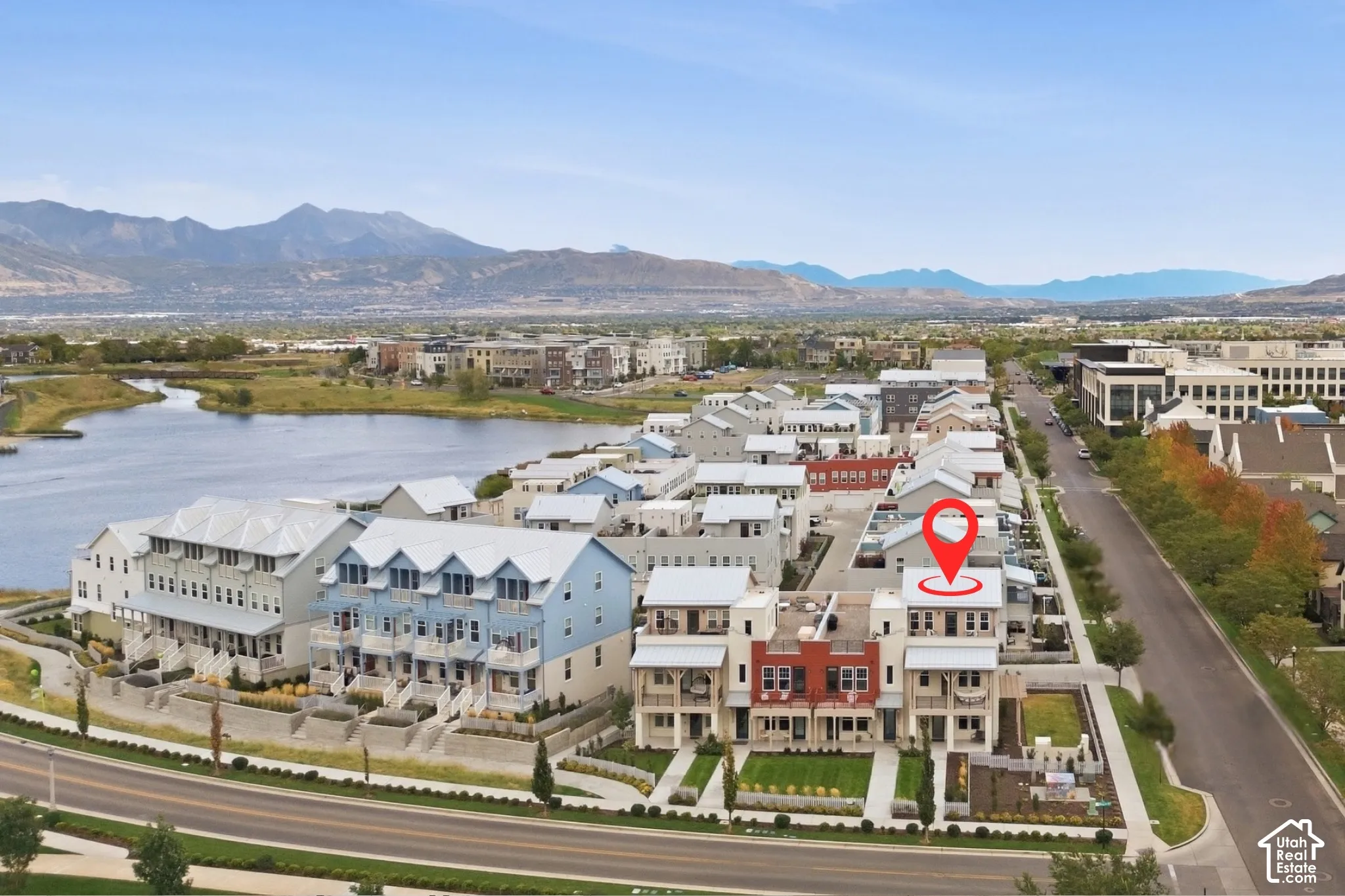 Townhome community with contemporary architecture, multi-level residences, and landscaped green spaces