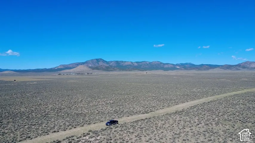 Expansive land parcel featuring natural desert vegetation, a visible dirt access road, and distant mountain backdrops
