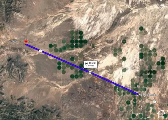 Satellite Imagery Map. Illustrating a route between Modena and Beryl Junction, including distance and estimated travel time