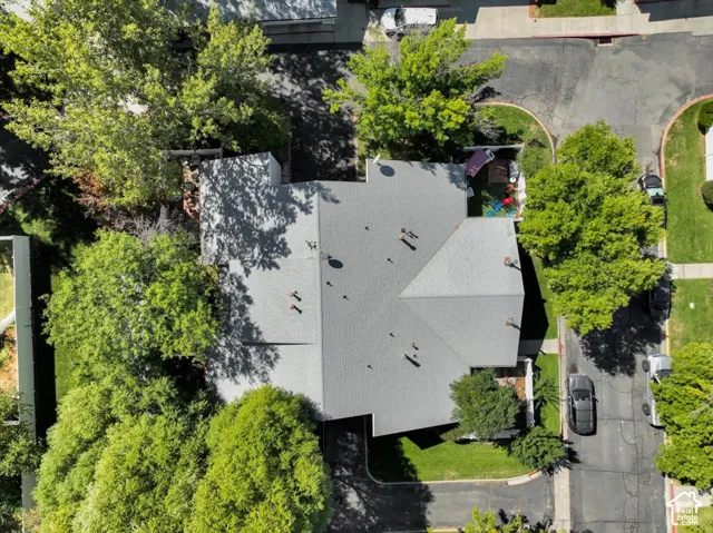 Pitched gray shingle roof with multiple skylights