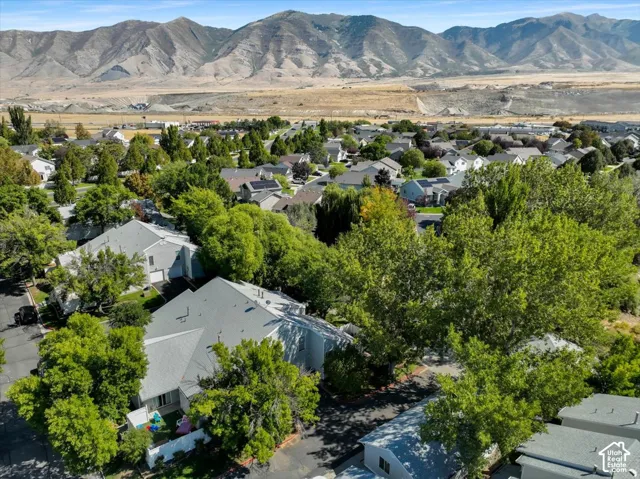Residential neighborhood featuring mature trees and mountain scenery