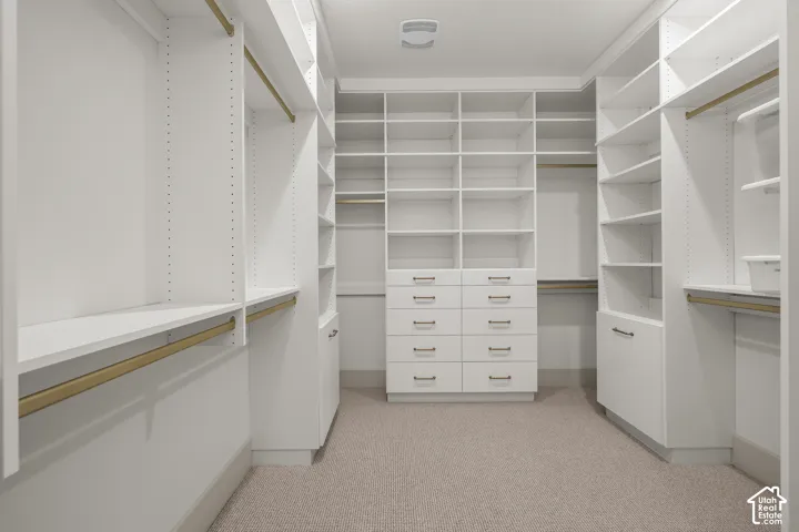 Custom closet system featuring extensive shelving, multiple hanging rods, built-in drawers with modern pulls, and light-colored carpeting