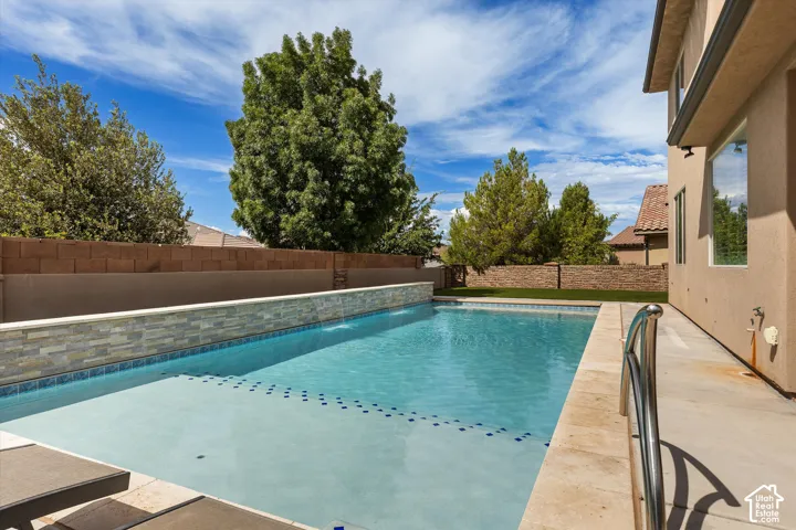 Heated pool with waterfalls, "Shamu shelf" and electronic cover.
