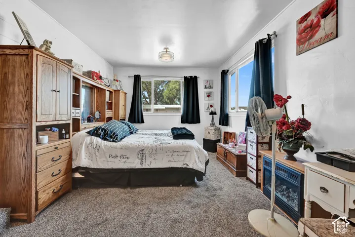Neutral wall finishes, textured carpeting, and a semi-flush mount ceiling light