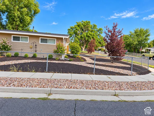 Charming single-story home with updated landscaping featuring mature shade trees, ornamental plantings with burgundy foliage accents, and a freshly graveled front yard