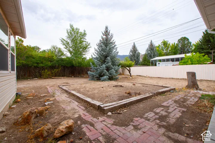 Expansive backyard featuring a brick paver pathway, mature evergreen trees, and a privacy fence