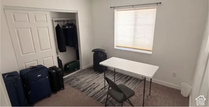 White painted walls, carpeted flooring, a window with blinds, and a built-in closet with sliding panel doors