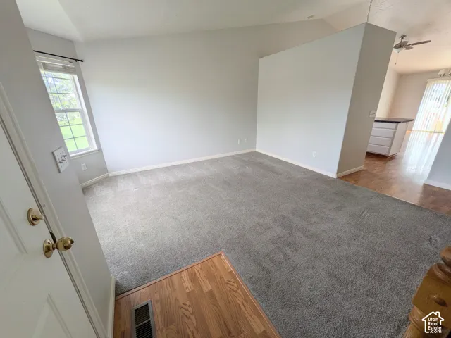Entryway featuring wood-finish flooring transitioning to gray carpeting