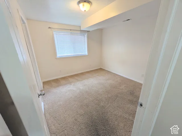 Neutral wall color, carpeted flooring, window with blinds, and flush mount lighting