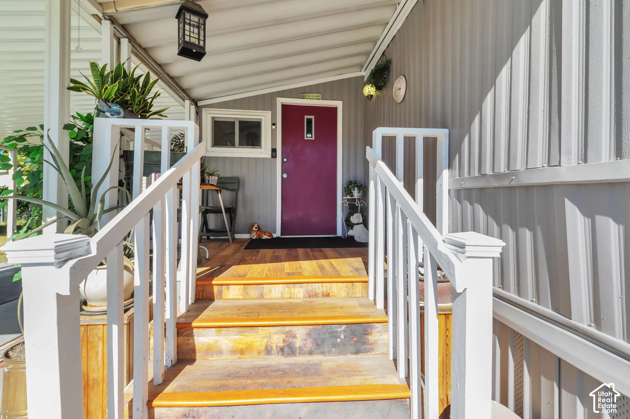 Covered porch entry featuring wood-finish steps and white railings