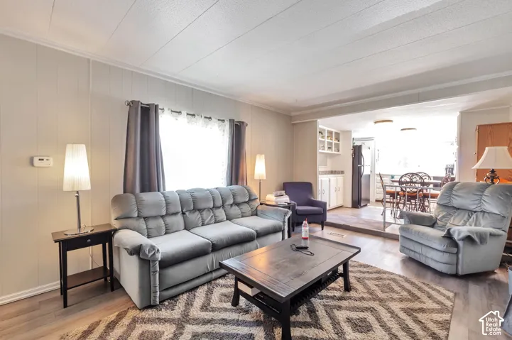 Wood-finish flooring throughout the living space, a large window with privacy curtains, and an open concept layout