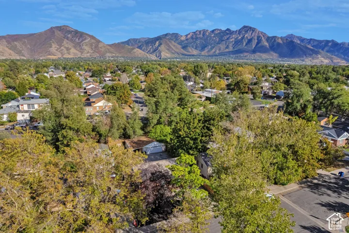Expansive mountainous backdrop frames a verdant neighborhood with mature trees and residential properties. Facing East