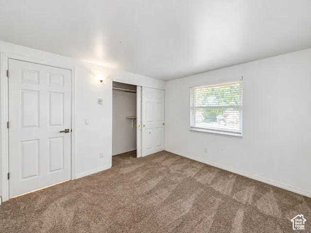 Wall-to-wall patterned carpeting, white paneled doors, and a single window with blinds