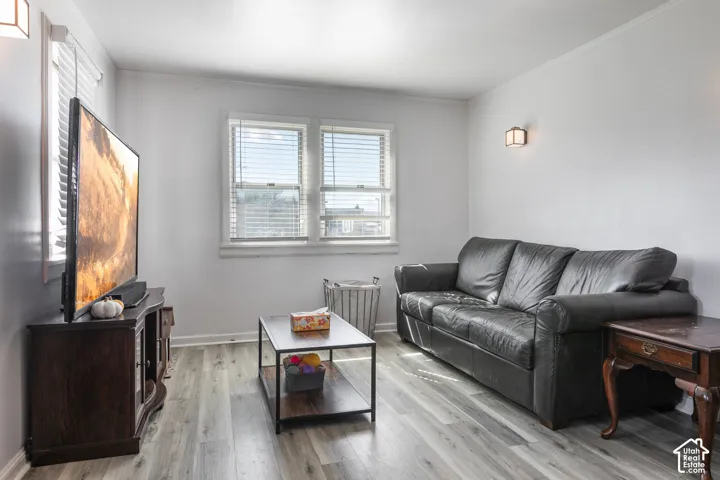 Light gray wood-finish flooring, white walls, and dual windows with blinds