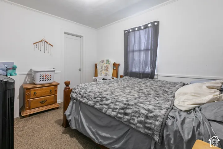 Wall-to-wall carpeting and white painted walls with chair rail trim