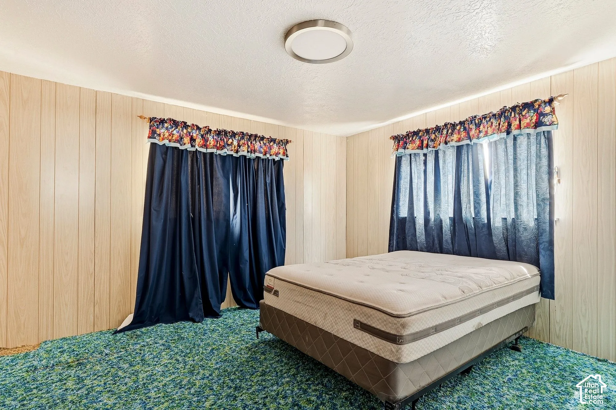 Textured wall paneling with a flat-panel ceiling, recessed lighting, and carpeting