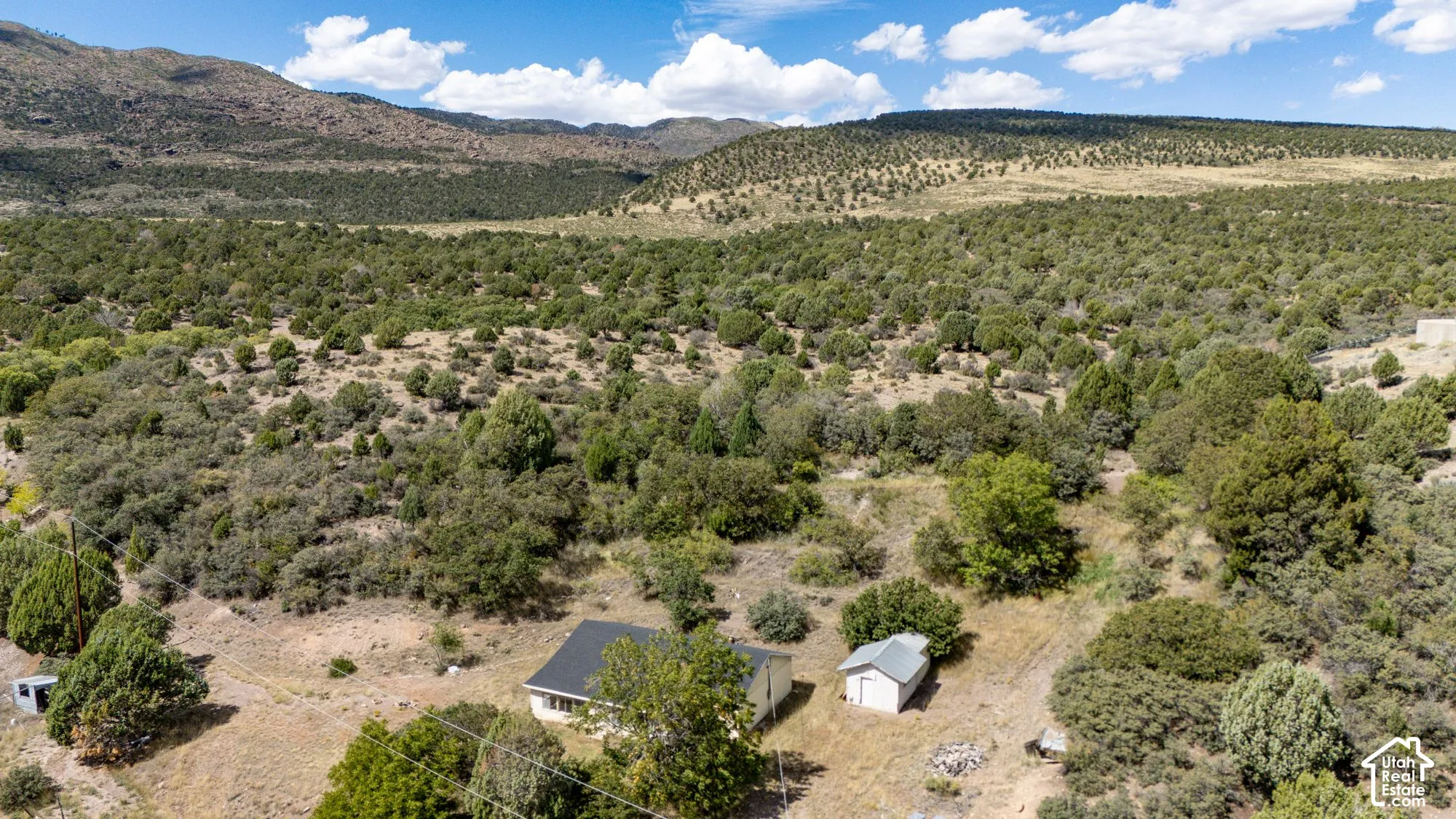 Expansive natural landscape featuring a single-story dwelling, an accessory structure, and abundant natural foliage