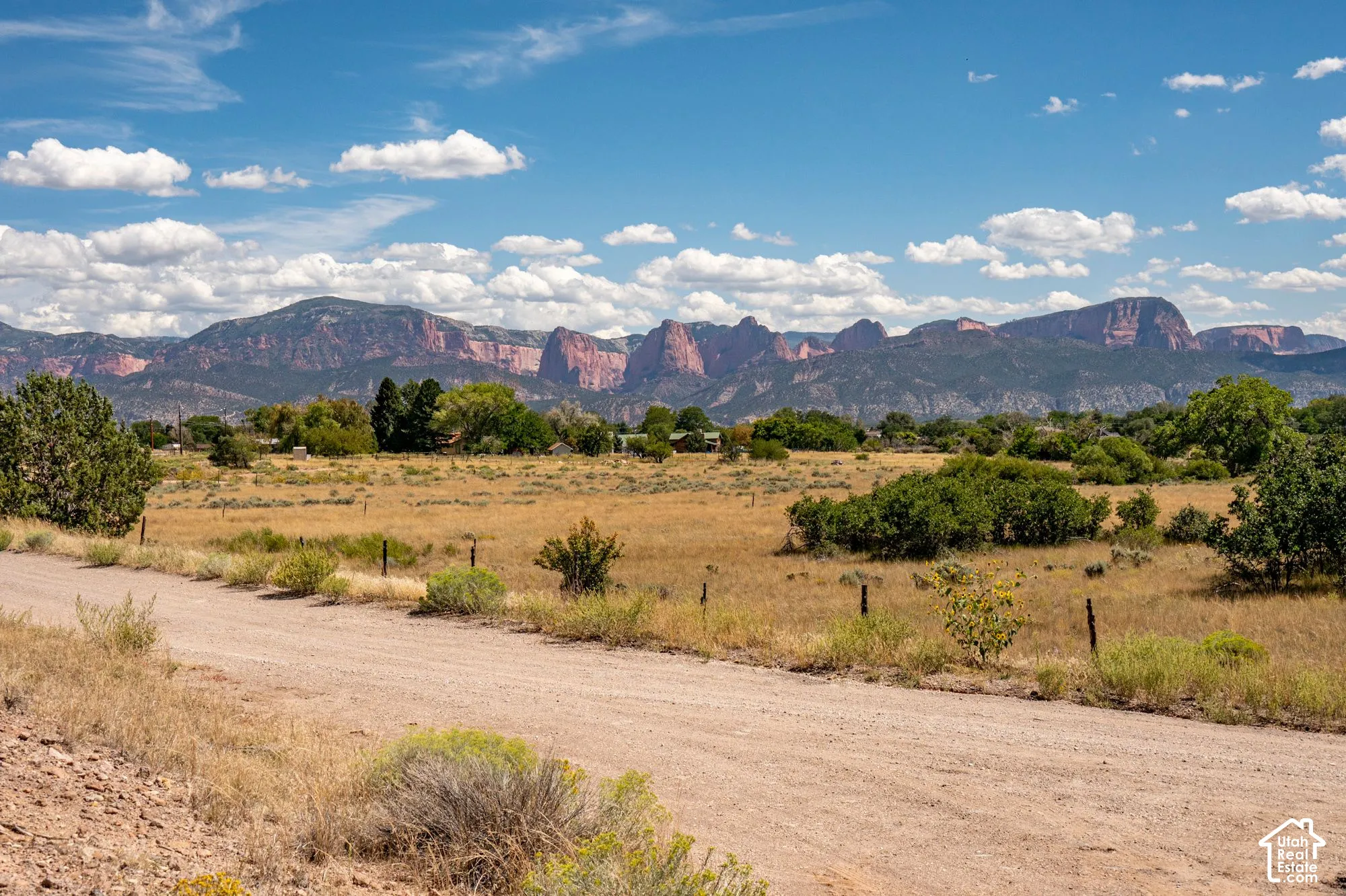 Expansive natural landscape with a gravel road, open fields, scattered green shrubs, and distant mountains under a blue sky with clouds