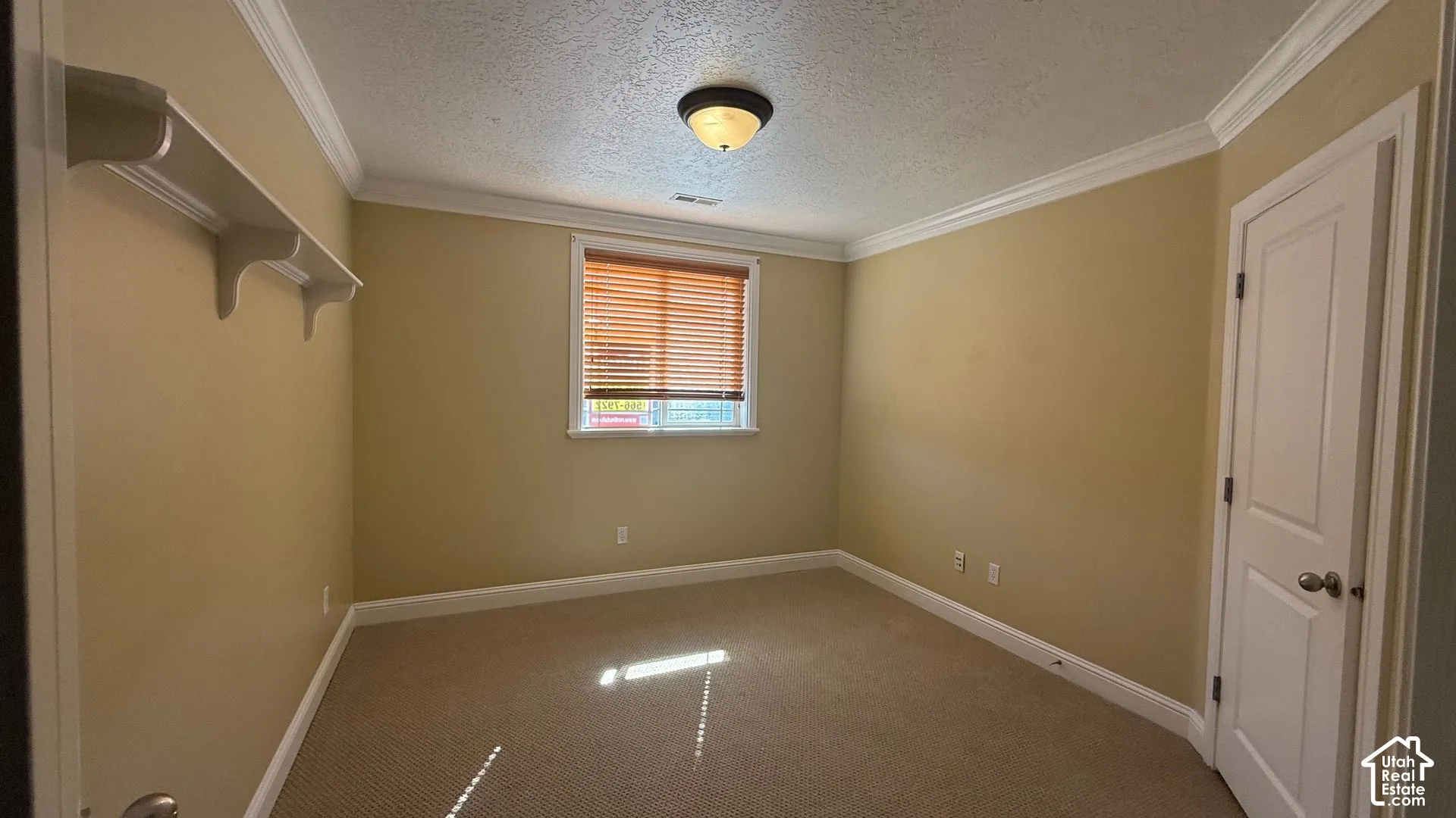 Crown molding with a built-in display shelf, a window with horizontal blinds, and a paneled door
