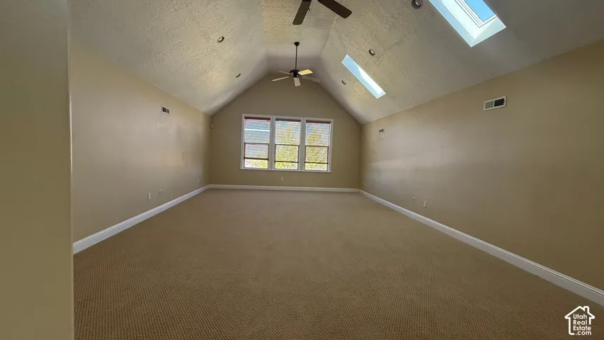 Vaulted ceilings with skylights, ceiling fan, and carpeted flooring
