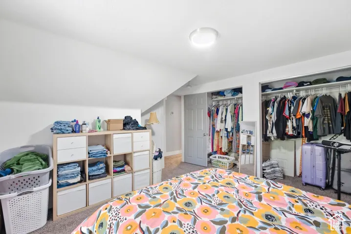 Sloped ceiling design, flush-mount ceiling light, carpeting, and two built-in closet spaces