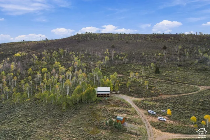 Wood-sided cabin featuring a metal roof, surrounded by extensive natural landscaping, with a gravel driveway and an additional small structure