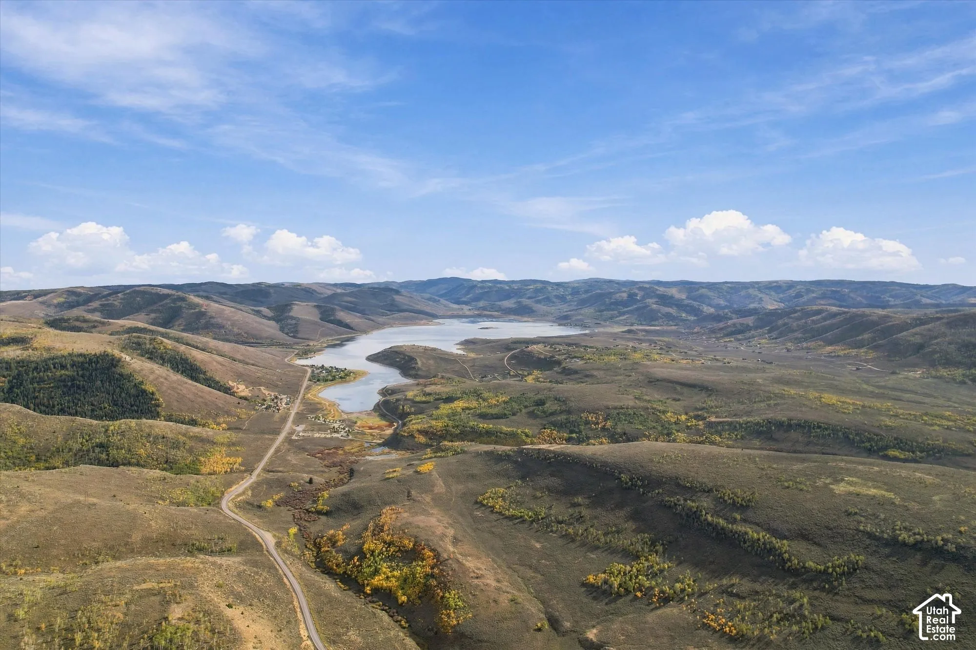 Expansive lakefront property featuring a winding road, diverse tree coverage, and rolling hills