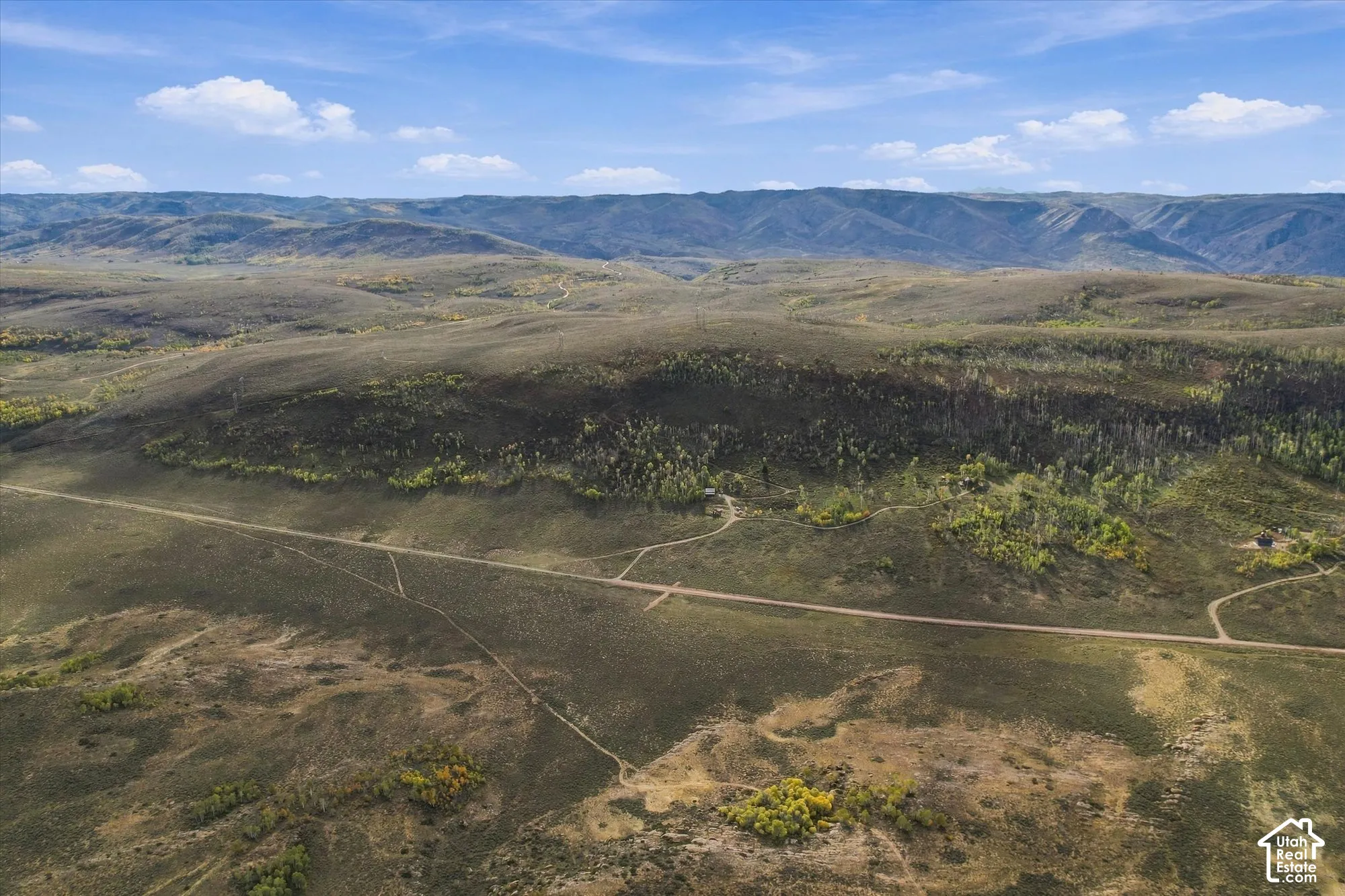Expansive undeveloped land featuring rolling terrain, scattered deciduous trees, and a distant mountainous backdrop