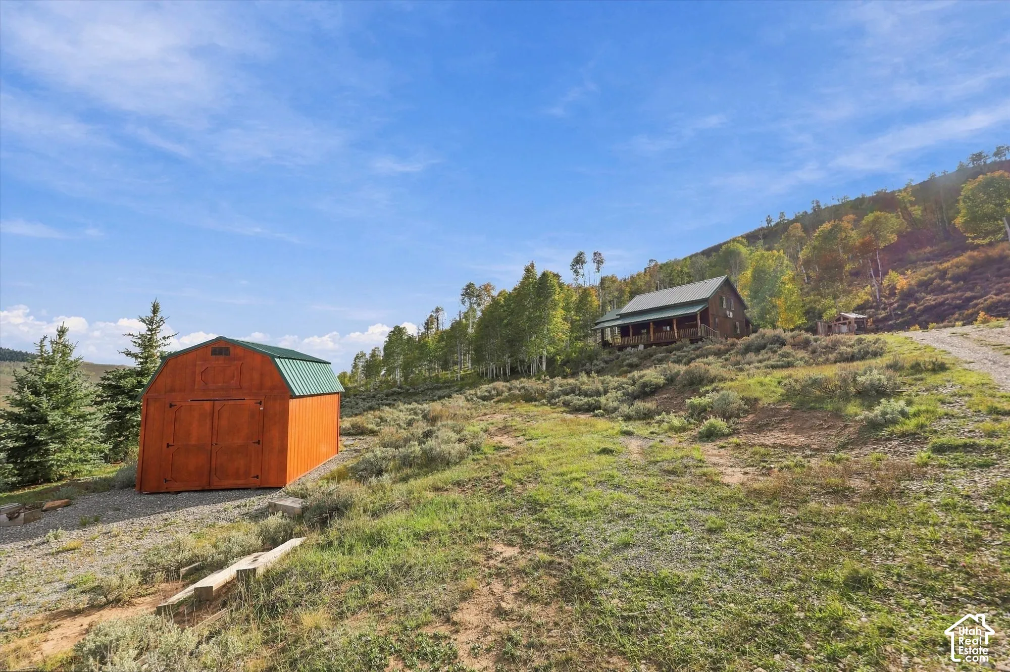 Rustic cabin with an expansive covered porch, set on a natural hillside with varied terrain and mature trees, featuring a detached shed with a green metal roof