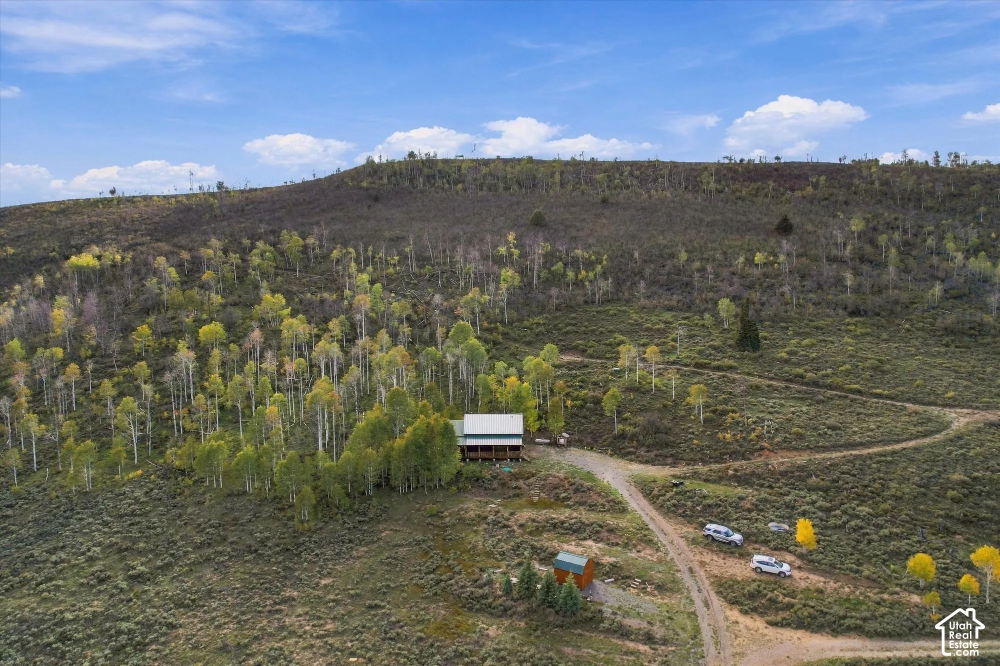 Mountain property with extensive natural landscaping, a pitched roof structure, and a secondary small structure