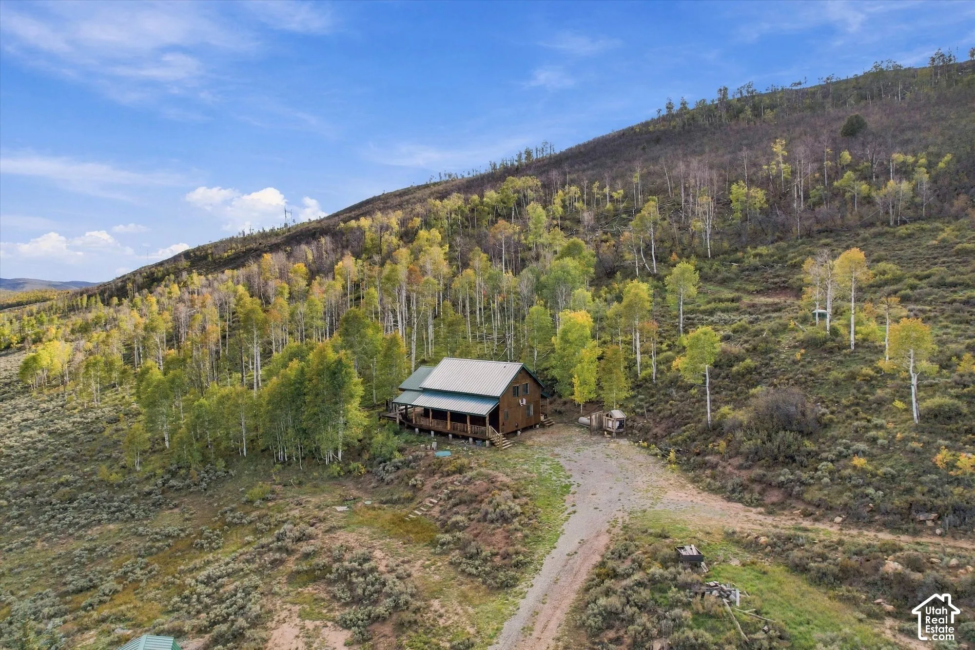 Wood-sided cabin featuring a covered wrap-around porch and a metal roof, set against a backdrop of mature trees and expansive hillside