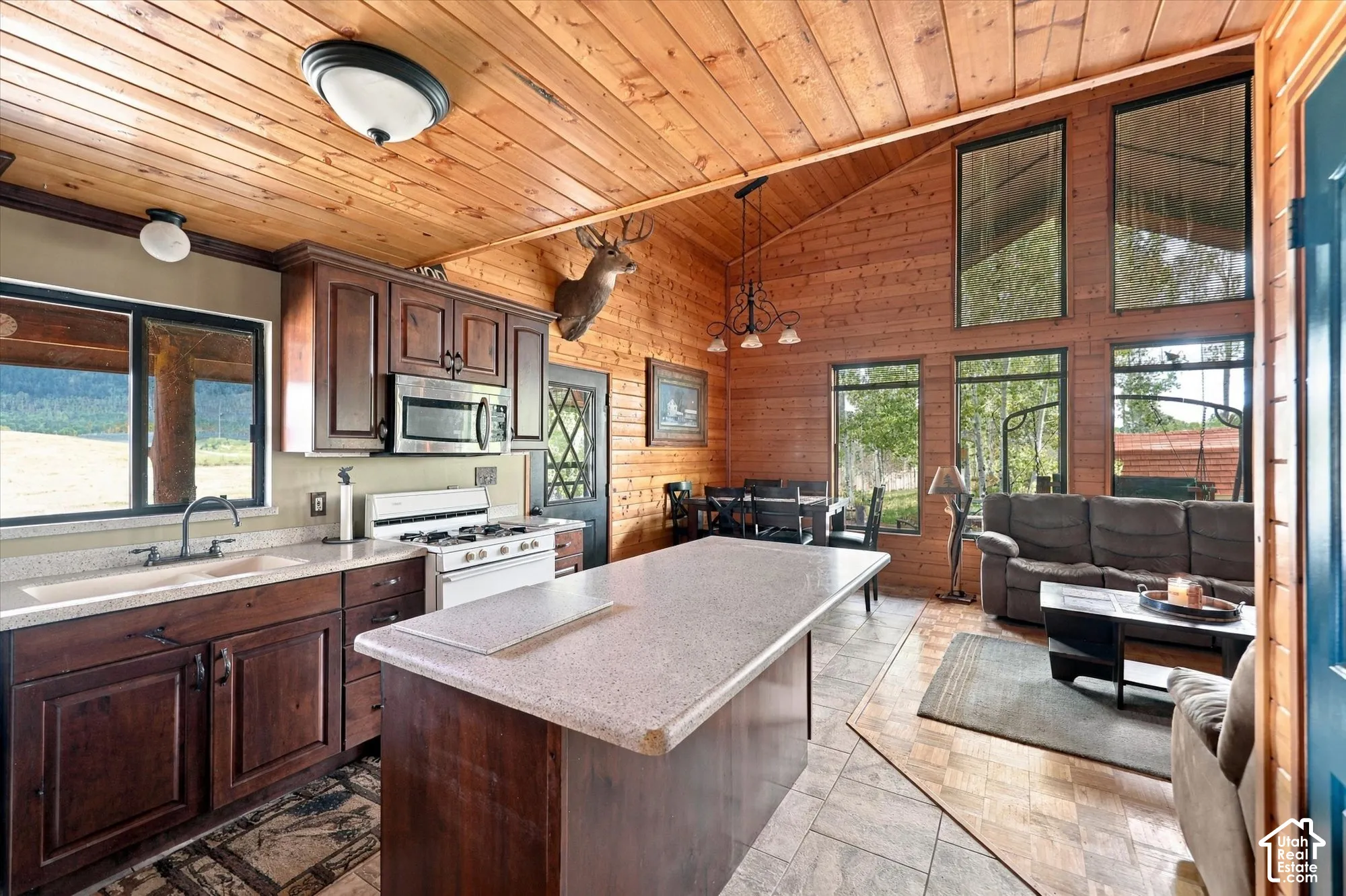 Open-concept living space featuring a wood-paneled vaulted ceiling, stainless steel microwave, gas range, kitchen island with solid surface countertop, and large windows