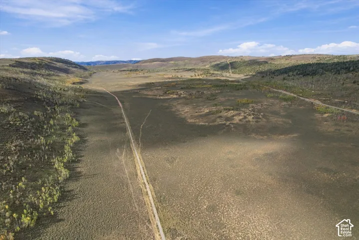 Expansive undeveloped land featuring a dirt road, varied topography, and distant tree lines