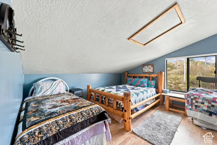 Sloped ceiling with an integrated skylight frame, light wood-finish flooring, and a window with a mountain backdrop