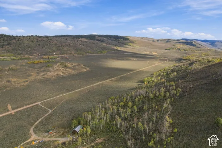 Expansive rural property featuring an unpaved road, scattered trees, and a distant building