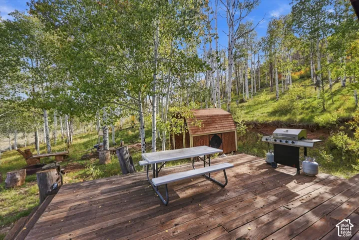 Wood-finish deck with a picnic table, grill, and storage shed, surrounded by mature trees