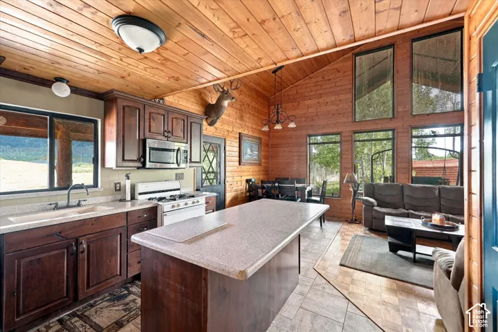 Open-concept living space featuring a wood-paneled vaulted ceiling, stainless steel microwave, gas range, kitchen island with solid surface countertop, and large windows
