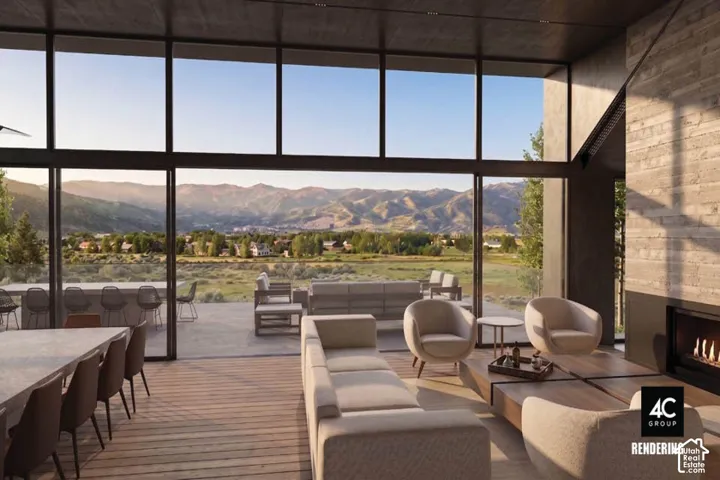 Expansive glass wall, wide plank wood-finish flooring, built-in linear fireplace, concrete texture accent wall, and a large outdoor patio
