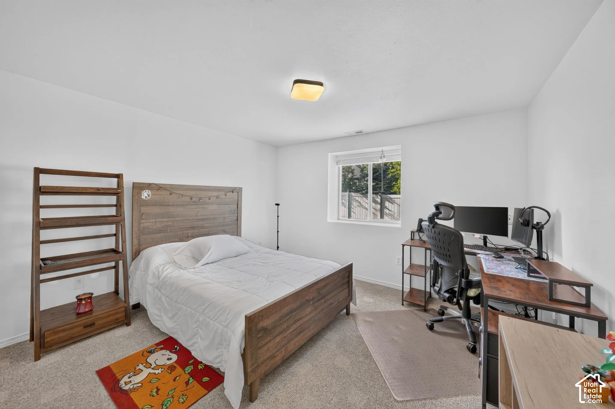 Wall-to-wall carpeting and a ceiling-mounted light fixture