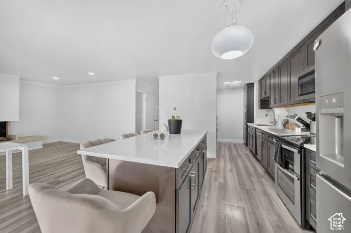 Open-concept kitchen with a central island, stainless steel appliances, wood-finish flooring, and recessed lighting