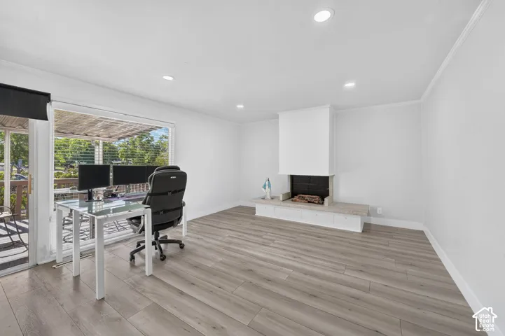Wood-finish flooring, recessed lighting, and a built-in fireplace with a hearth and mantel